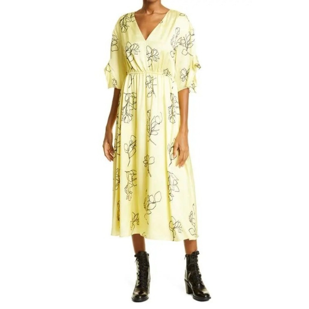 Jason Wu Yellow Satin‎ Charmeuse Floral V Neck Midi Dress Sz 0 $595 NWT